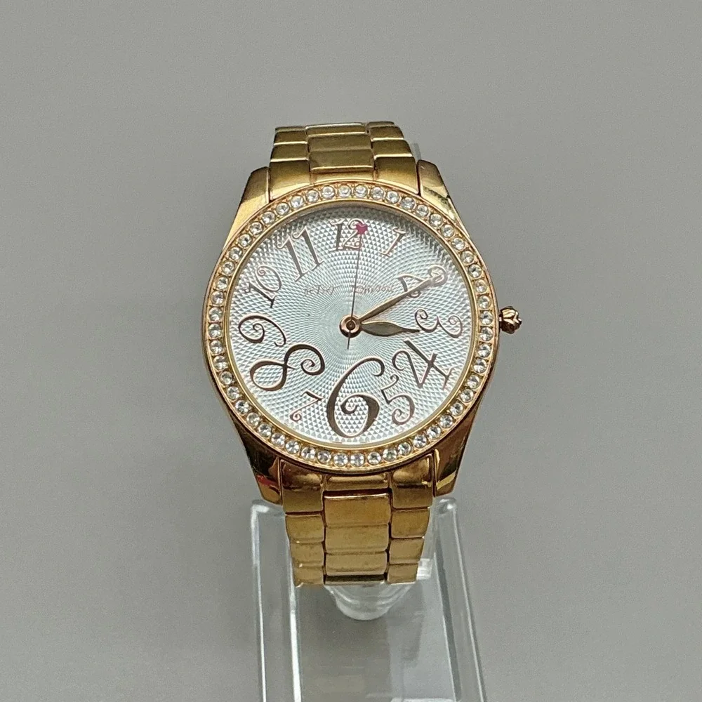 Betsey Johnson Watch Gold Tone Crystal Rhinestone Bezel 40mm NEW BATTERY